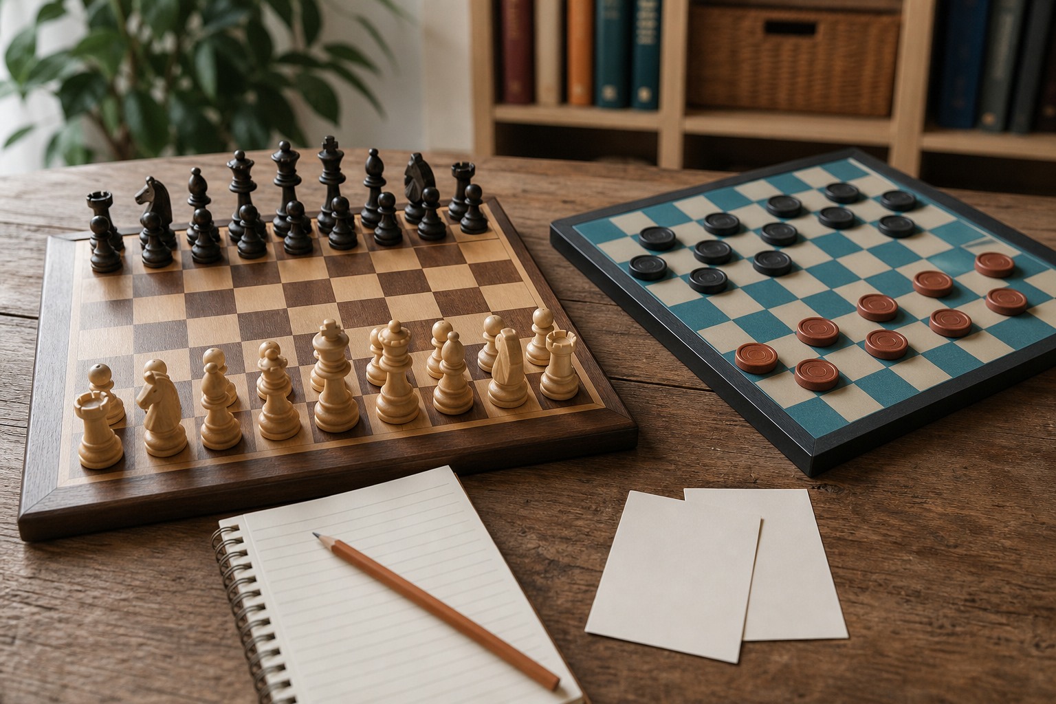 Chess and checkers boards set up with beginner learning materials