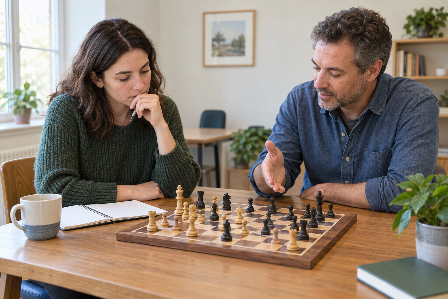 An adult beginner considering a chess position while a private instructor explains an idea beside an open practice notebook