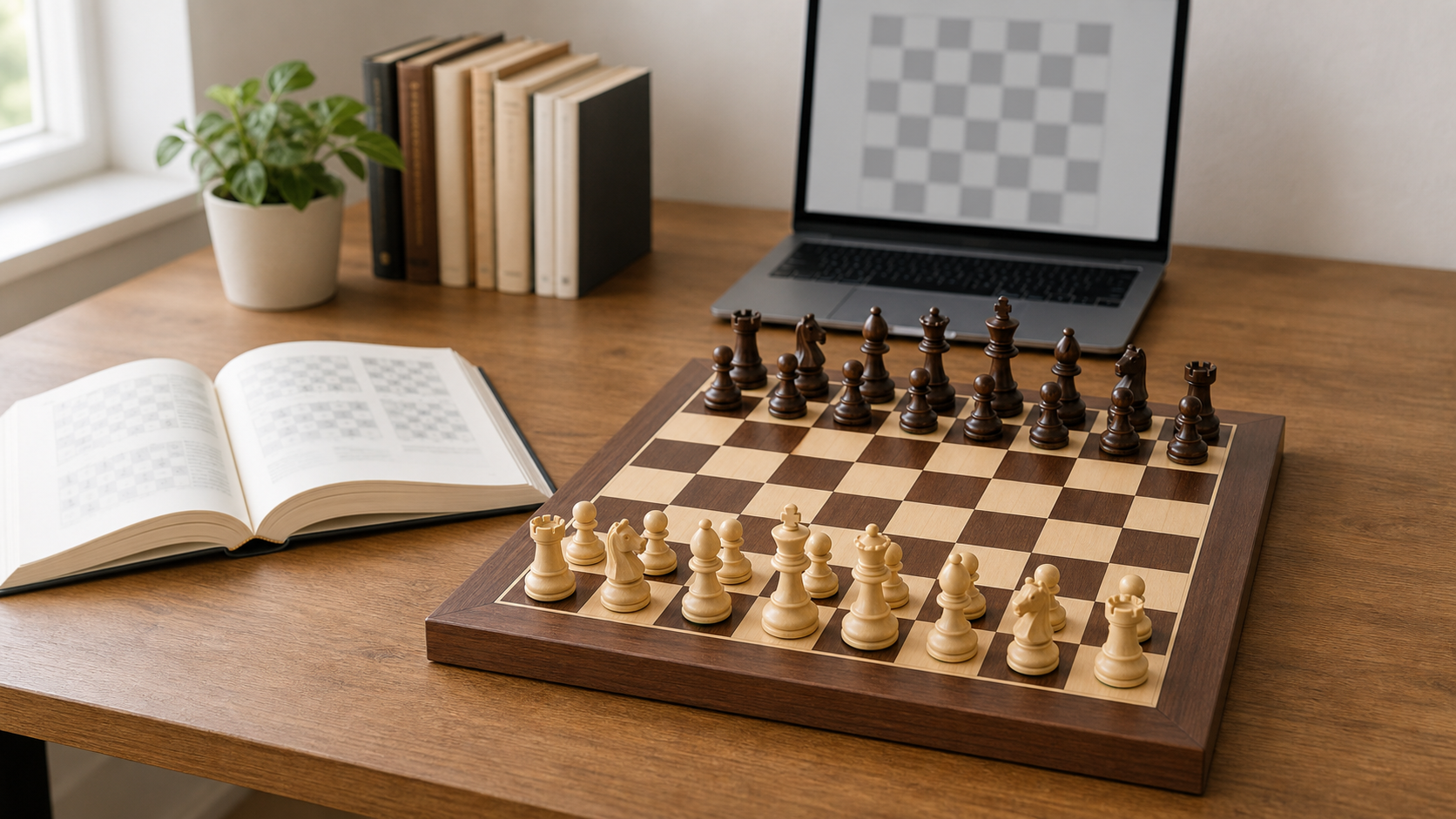 Unbranded wooden analysis chess set arranged on a desk beside an open chess book and laptop for replaying positions