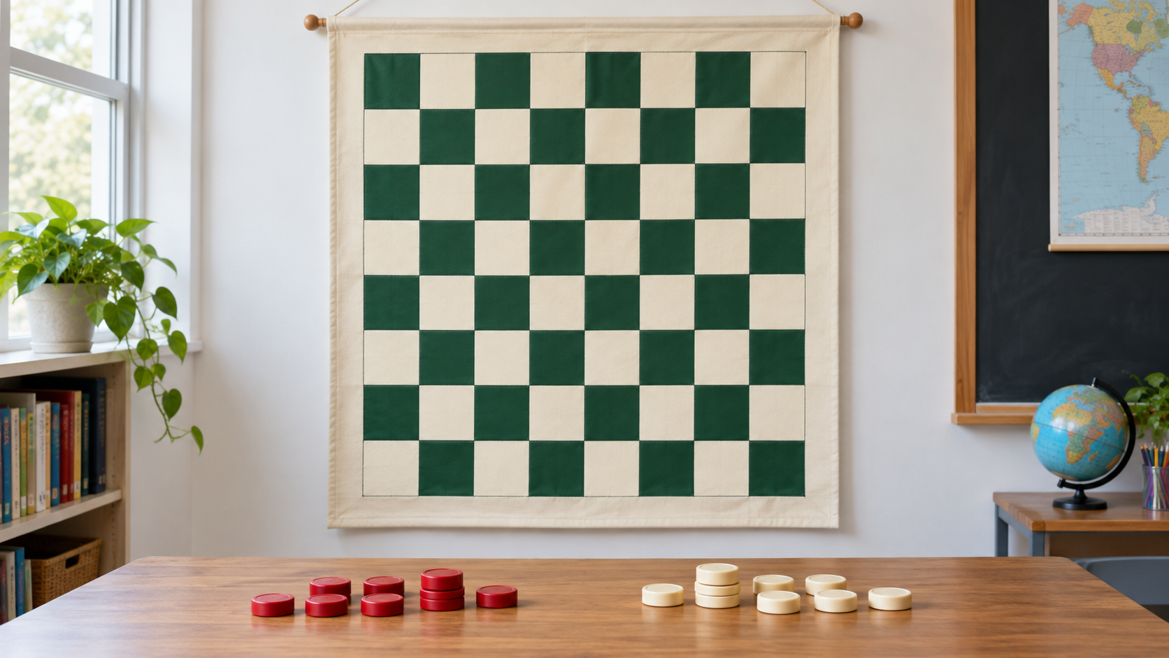 Empty green-and-cream 8-by-8 hanging demonstration board with separate red and ivory checker pieces on a classroom table for checking display size and king visibility