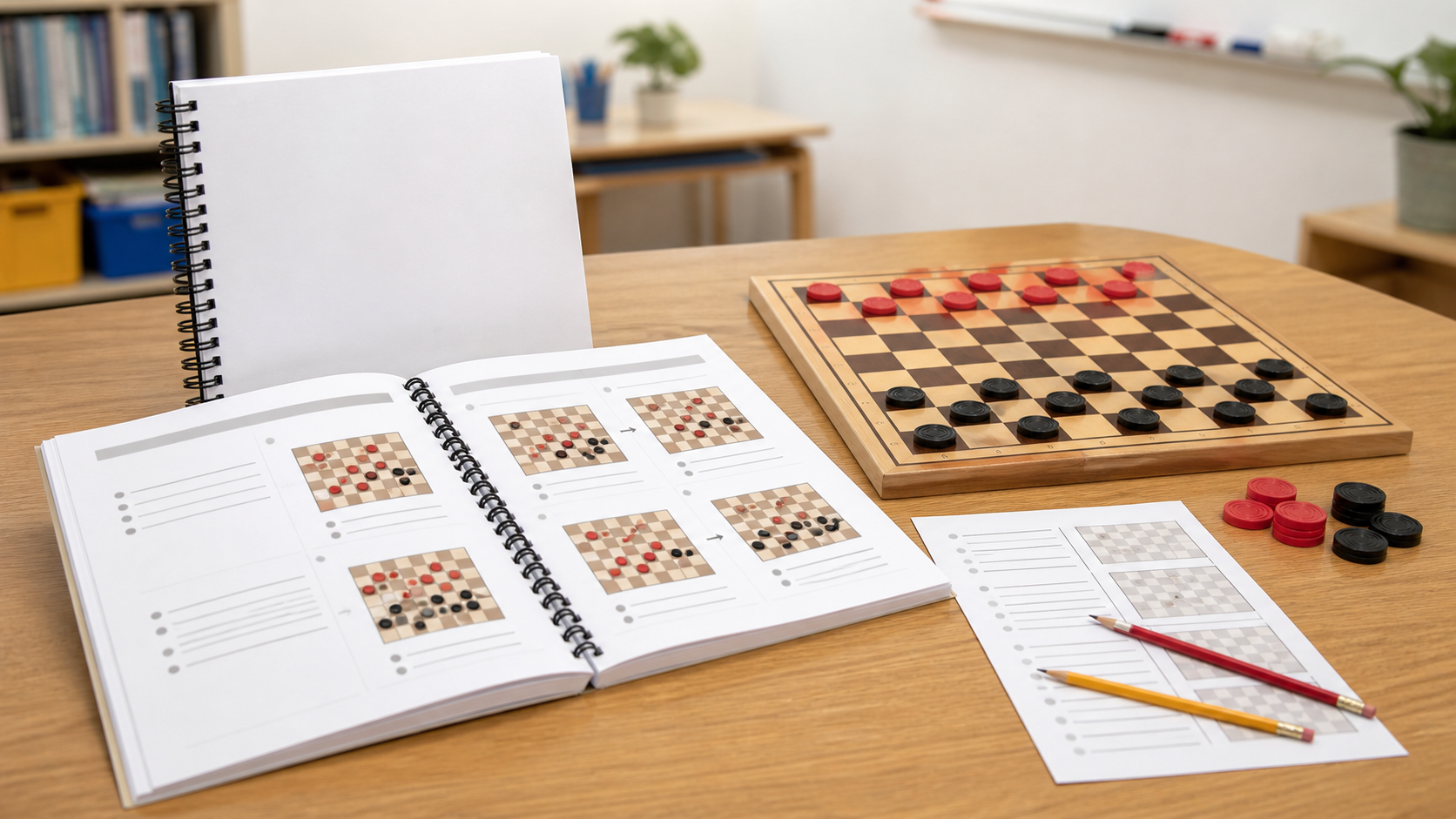 Generic spiral-bound checkers lesson books open beside activity sheets, pencils, and a red-and-black checkers set on a classroom table