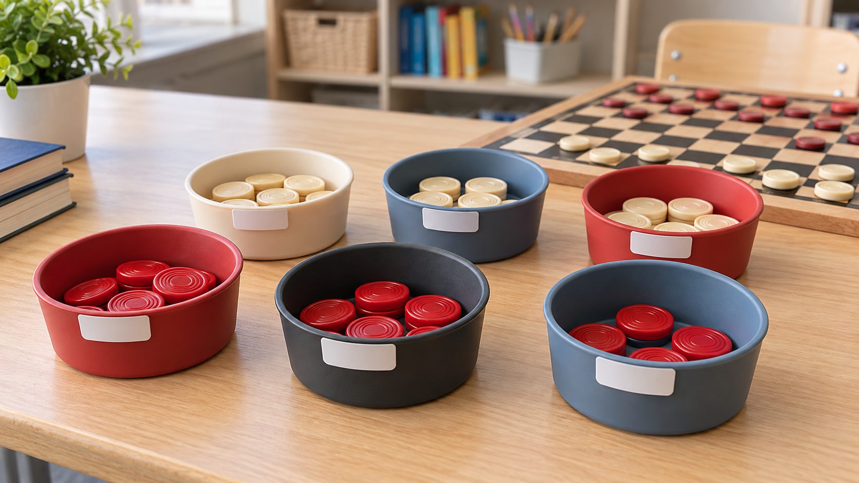 Red and cream checker pieces divided by color among six low labeled sorting cups on a classroom table beside a checkerboard