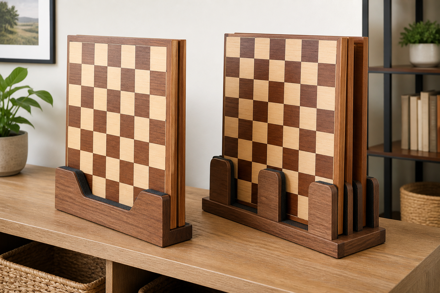 Two empty rigid wooden chess boards held upright in padded tabletop storage stands with broad stable bases