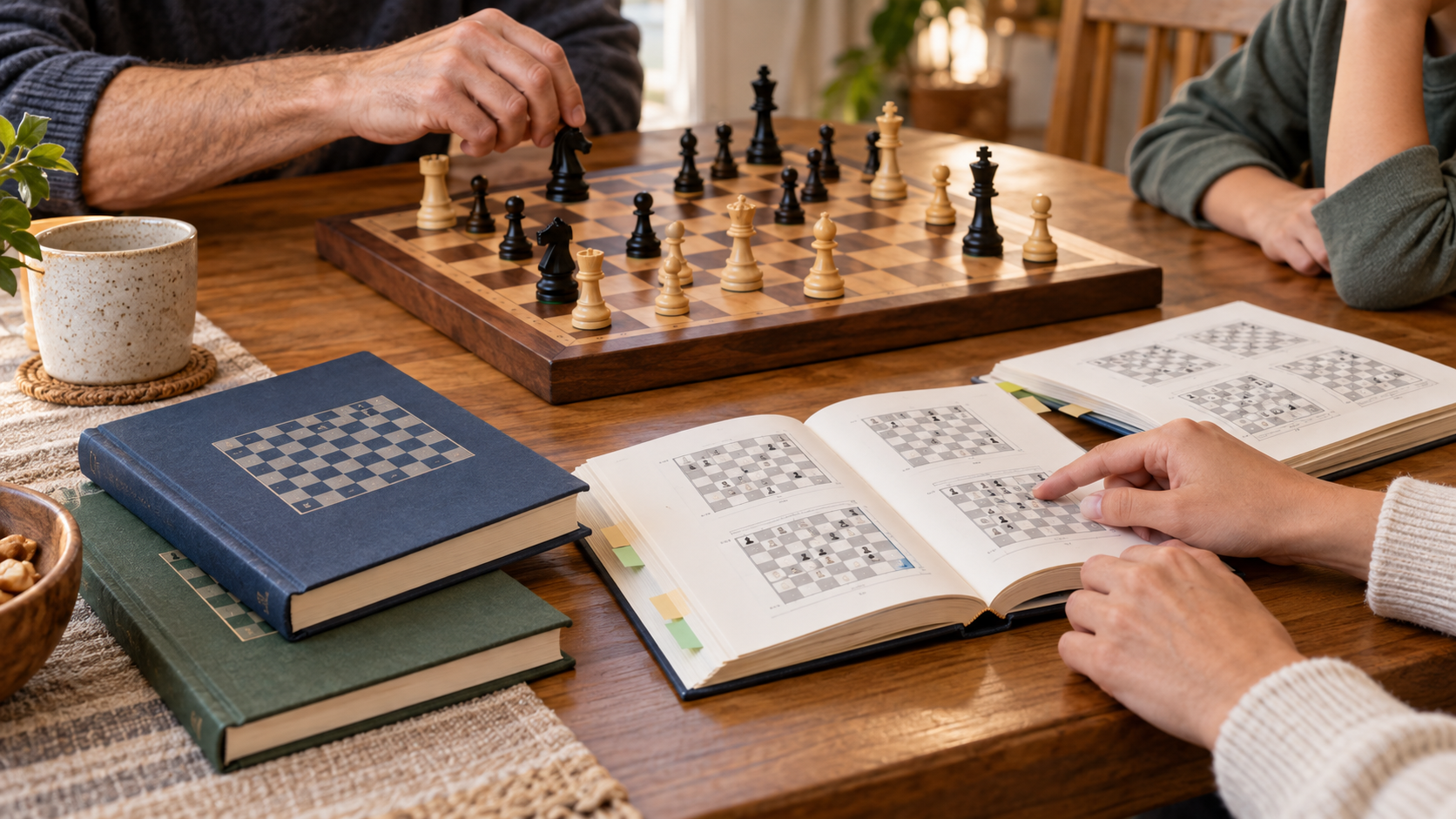 Open and closed generic chess rule books beside a family chess game for comparing table-side references