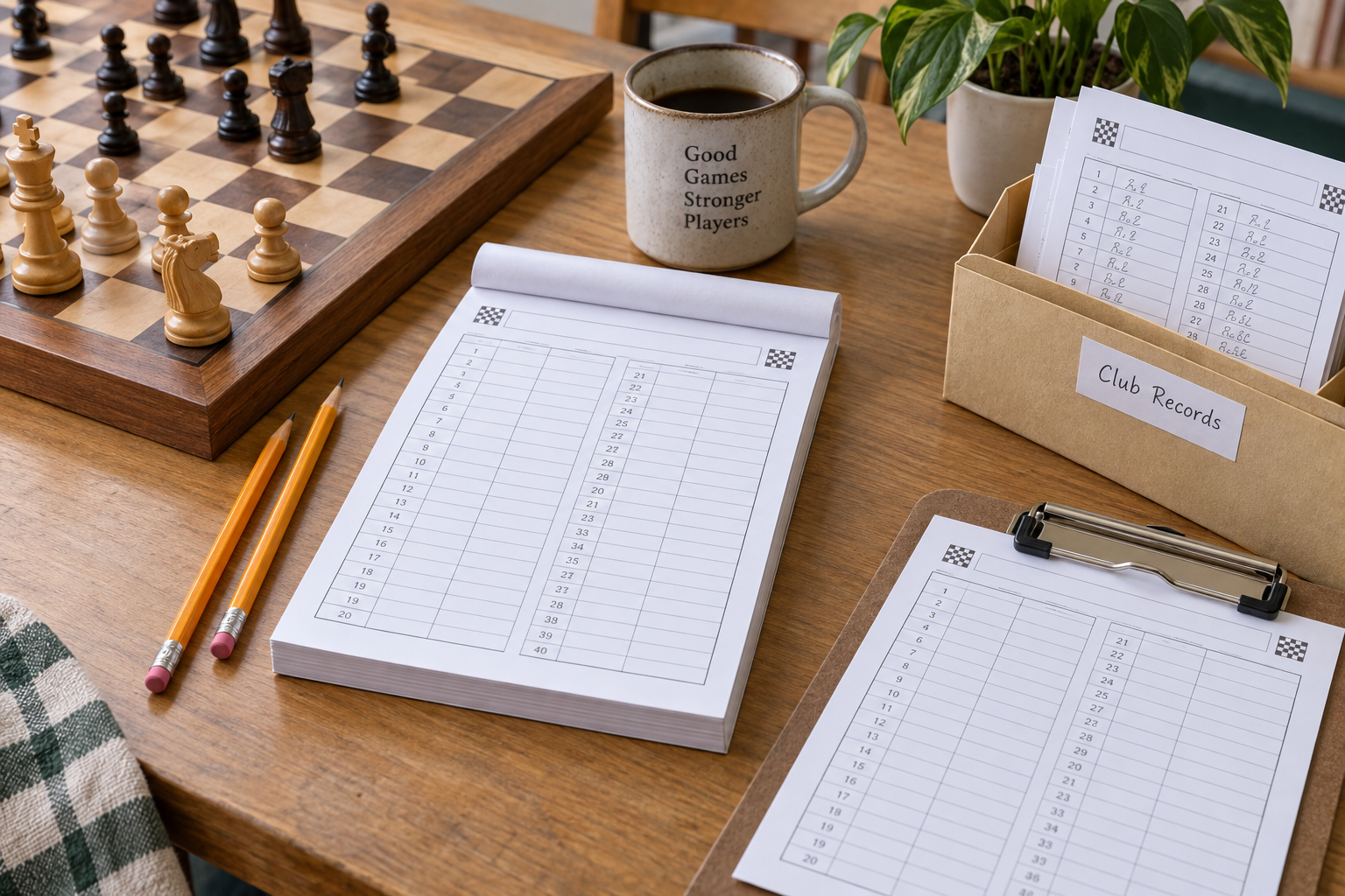 A pad of blank chess score sheets, pencils, clipboard, archive box, and chessboard arranged for a casual club recording workflow