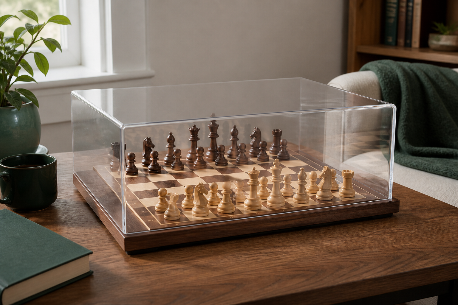 Clear fitted dust cover with generous clearance over a wooden chess set left assembled on a display board