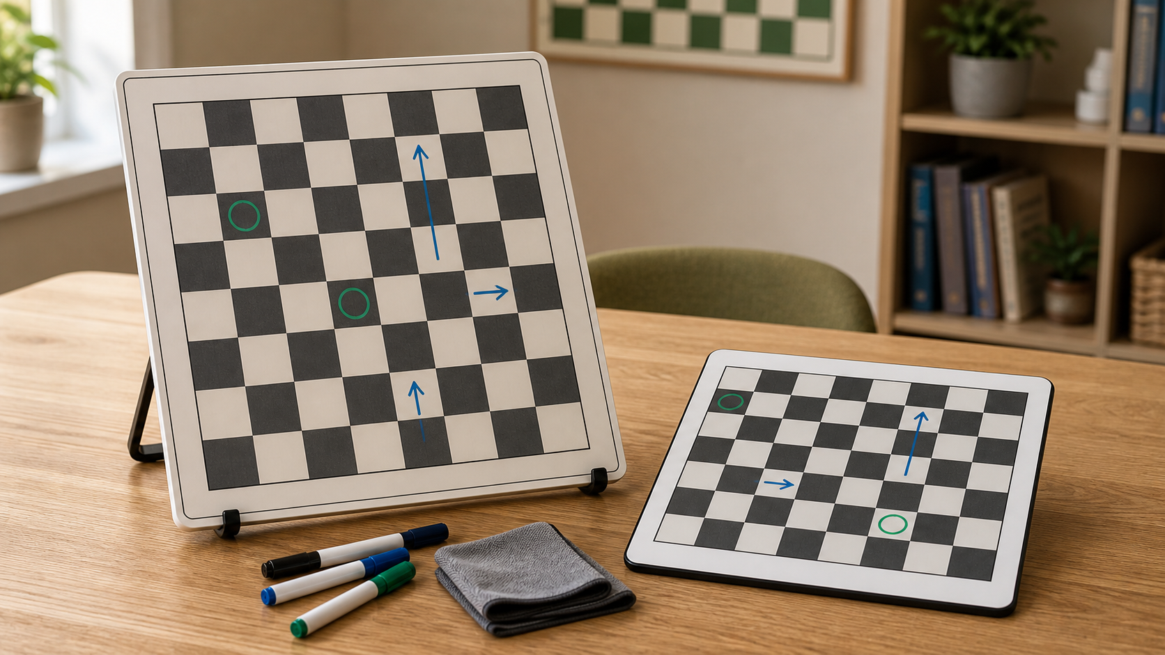 Unbranded tabletop and lap-size dry-erase chess teaching boards with simple marker arrows, markers, and an erasing cloth