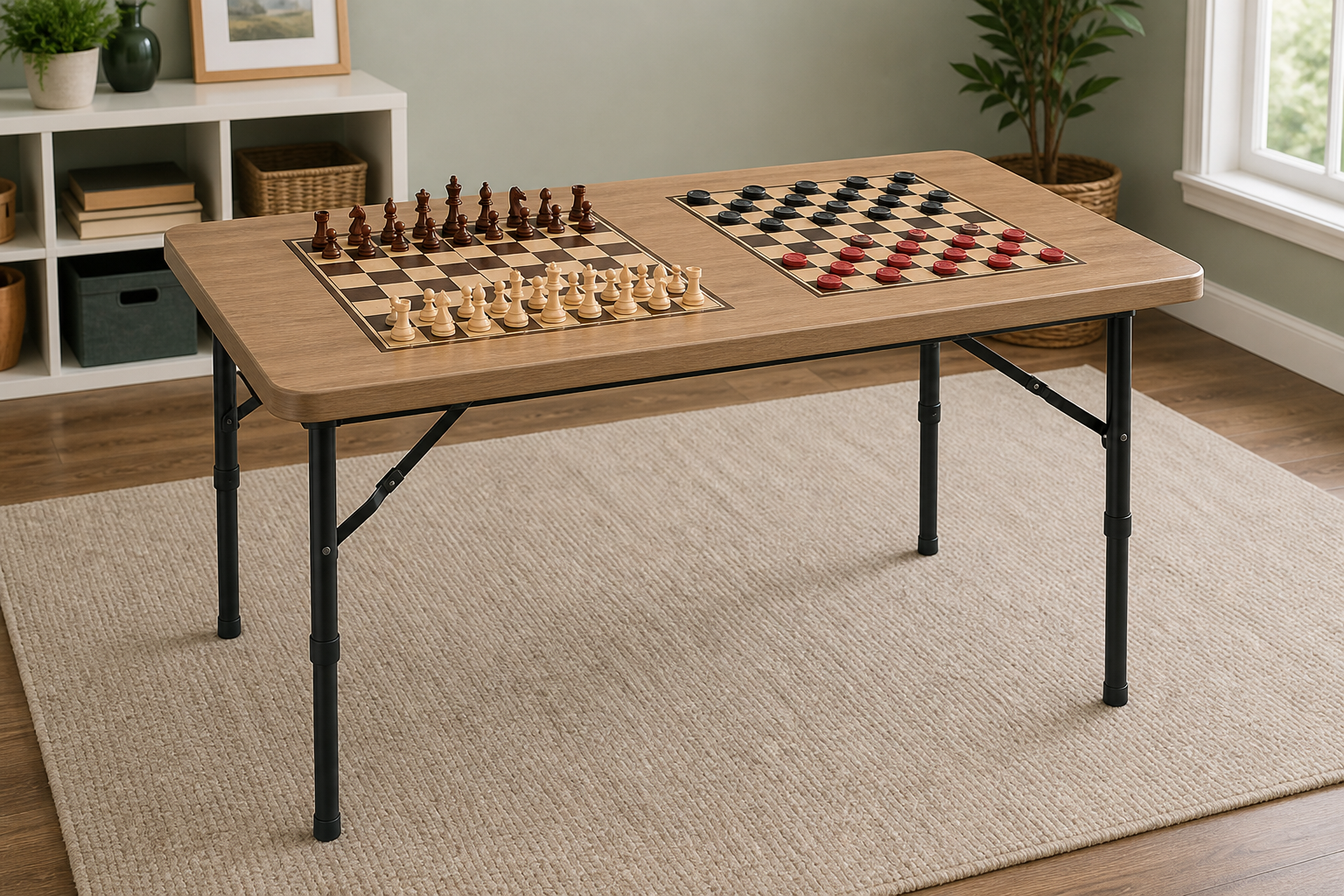 Sturdy folding game table with deployed metal legs and separate chess and checkers boards showing usable tabletop area and seated leg clearance