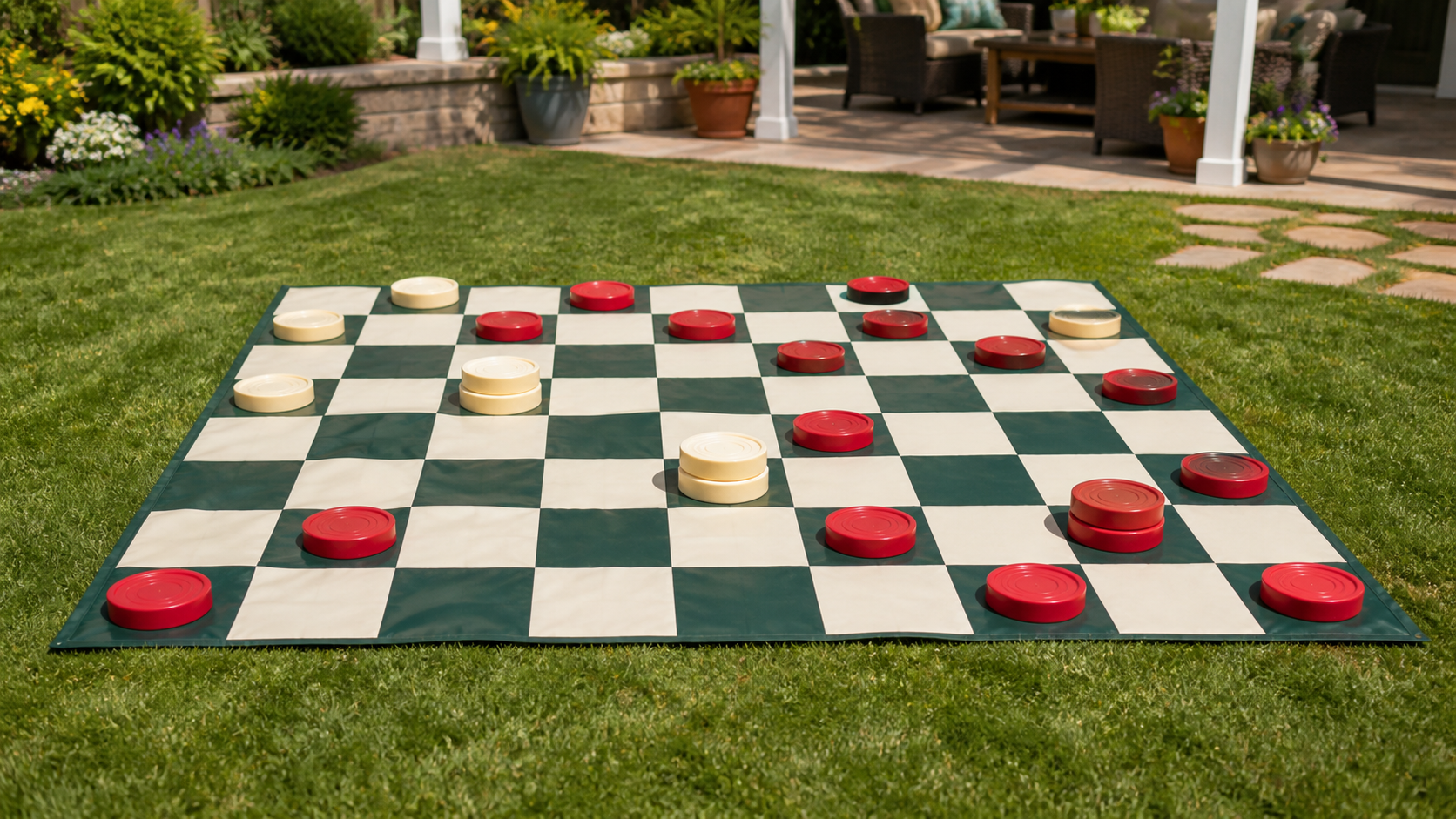 Oversized red and cream checkers on an 8-by-8 outdoor board with stacked kings for a family gathering