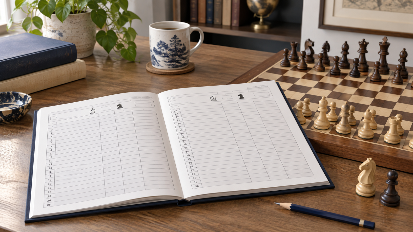Open large-format chess scorebook with spacious notation rows beside a wooden chess board and pencil