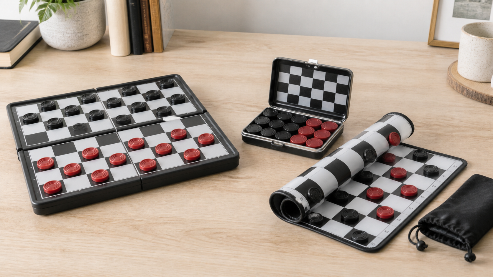 Unbranded folding, magnetic, and roll-up portable checkers set formats arranged on a table for comparison