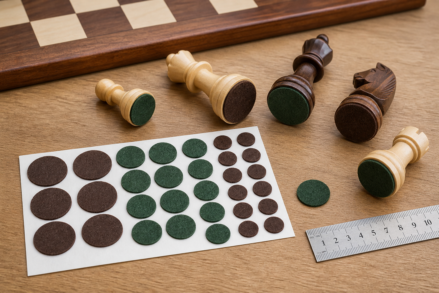 Wooden chess pieces resting on their sides with green and brown felt-covered bases beside replacement felt circles and a ruler for measuring base diameter
