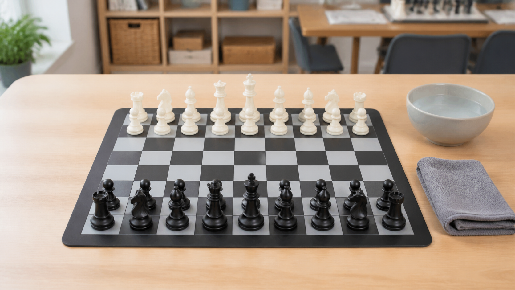 Unbranded flexible silicone chess board with readable pieces, a folded cleaning cloth, and a bowl of water on a family game table