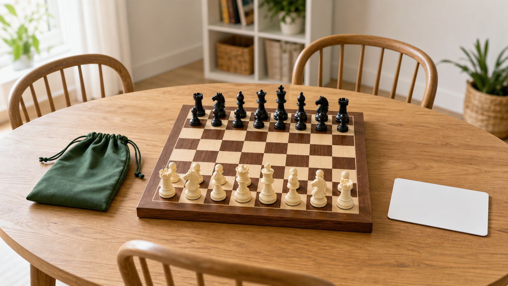 Unbranded full-size tabletop chess teaching setup with a board, piece bag, blank lesson card, and chairs for a small group