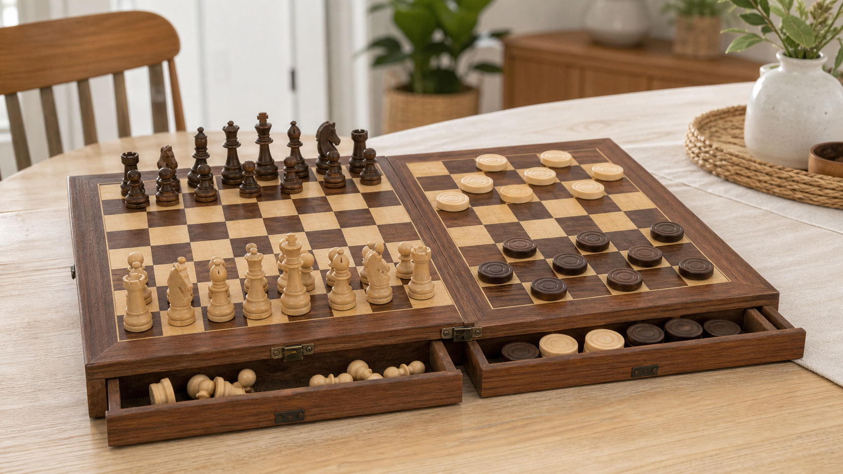 Wooden chess and checkers set categories on a family table, showing readable chess pieces, stackable checkers, contrasting squares, and storage drawers