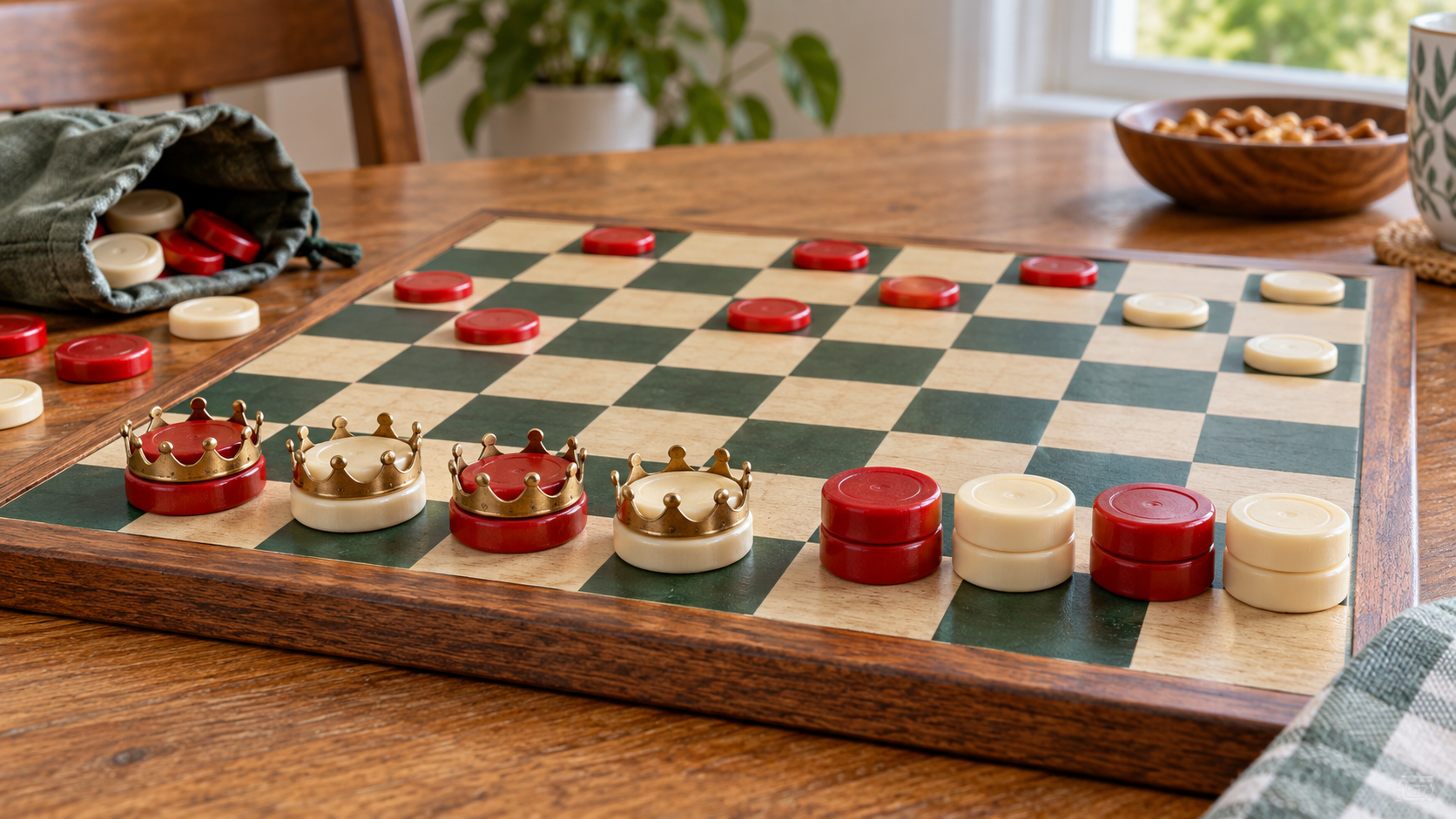 Crown-shaped king rings fitted around red and cream checkers beside traditional double-stacked kings, showing the two marking methods clearly