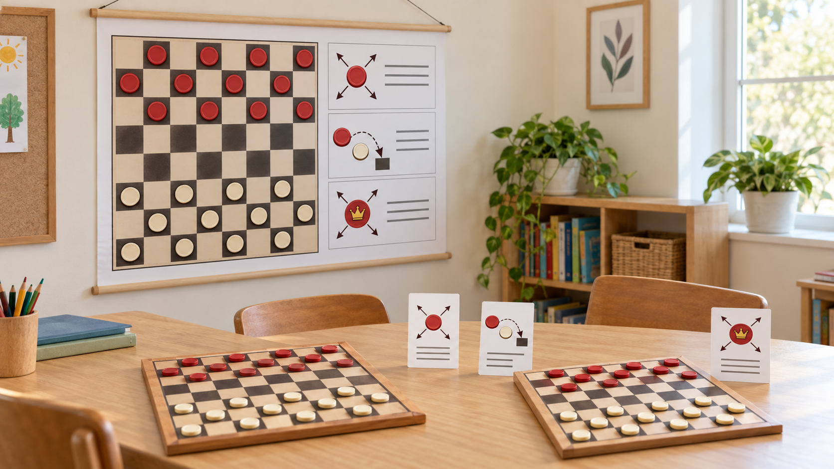 Large checkers rules poster above two beginner boards with small tabletop movement, capture, and kinging reference cards
