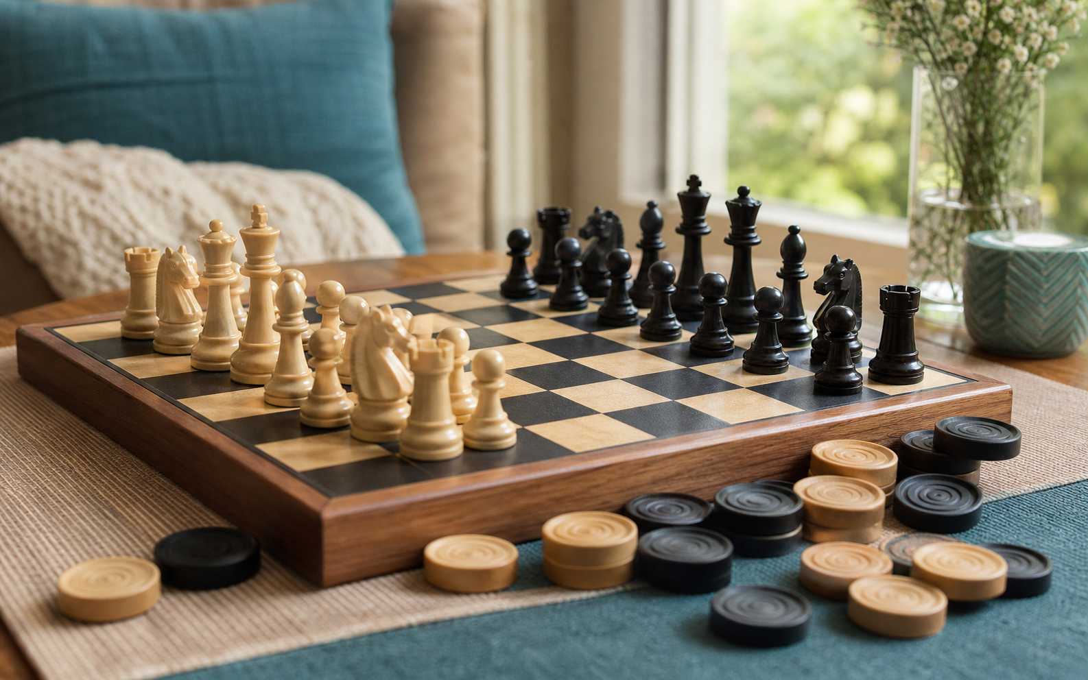 Chess pieces and checkers pieces arranged on a tabletop board