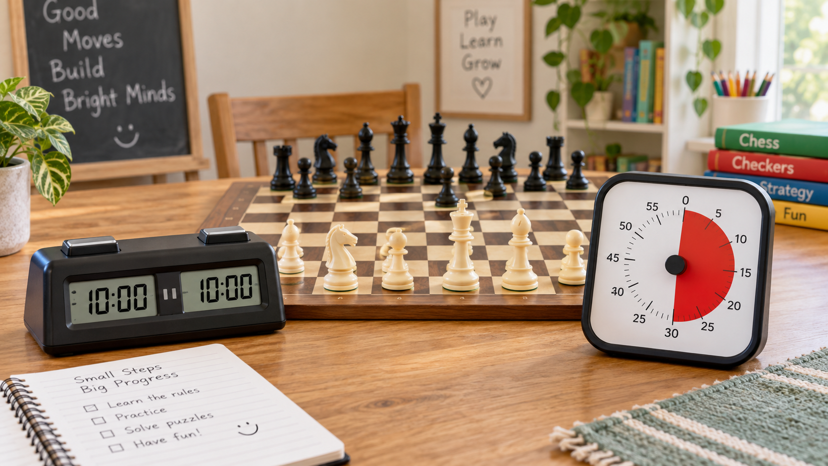 Unbranded digital chess clock and visual countdown timer beside a chessboard in a bright beginner lesson space