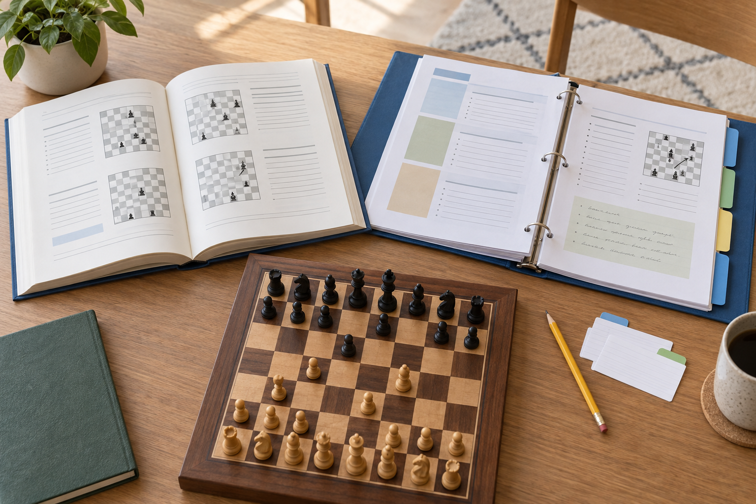 Open bound chess lesson-plan book beside a tabbed teacher-made binder, pencil, index cards, and wooden chessboard for a beginner group