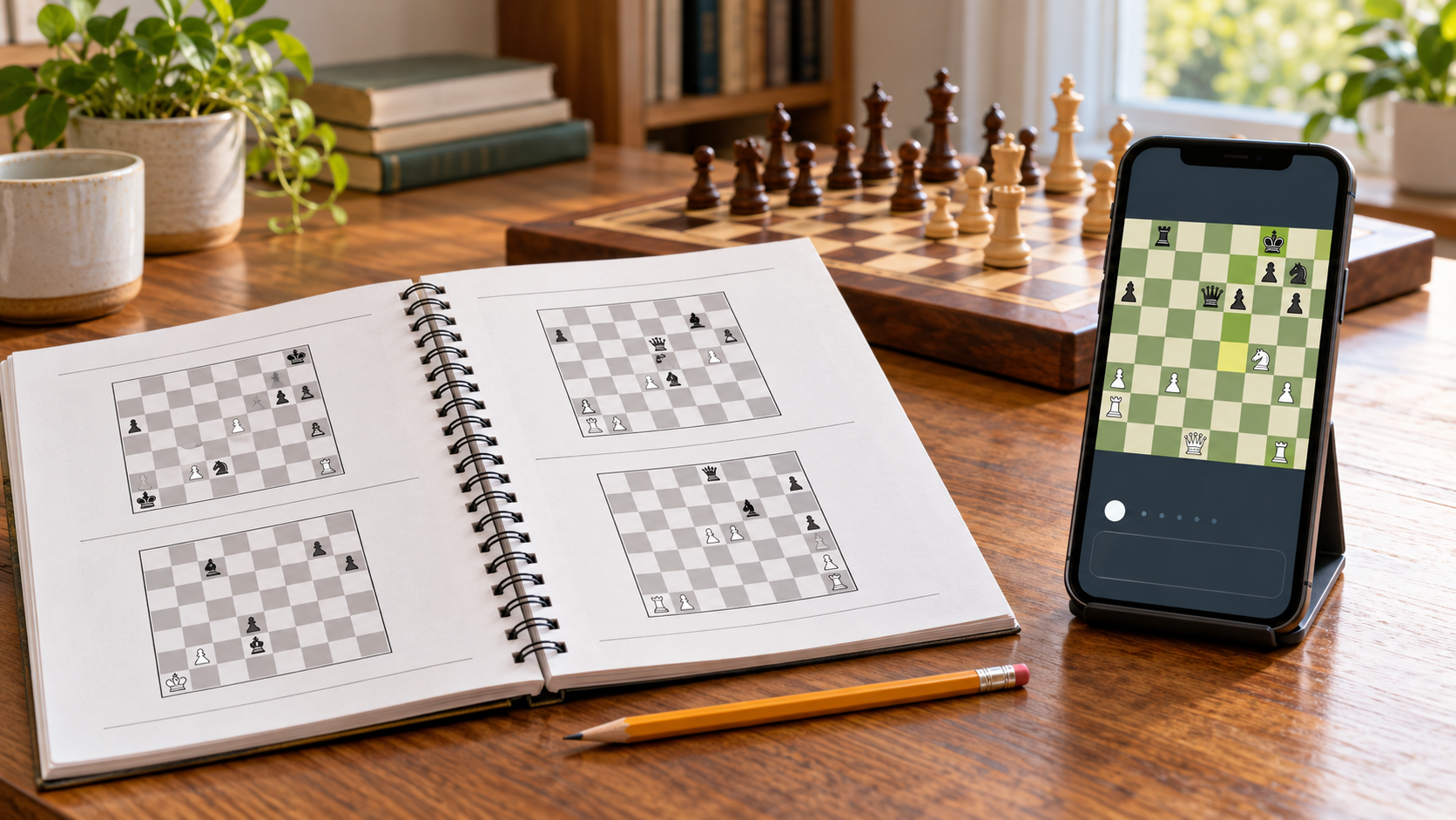 An open generic chess puzzle book beside a smartphone showing an unbranded puzzle interface and a wooden chessboard on a bright study table