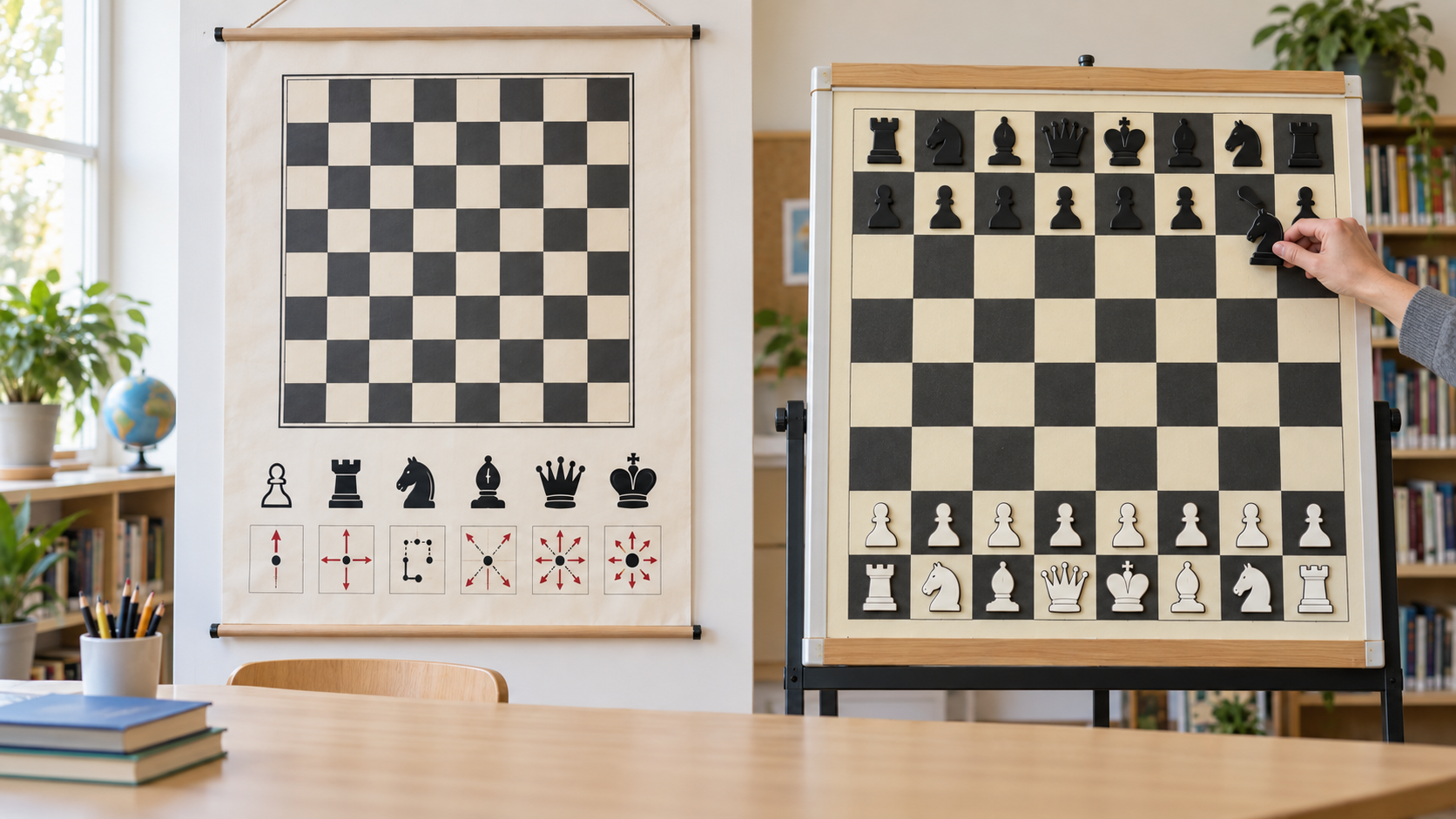 Large beginner chess rules poster beside an interactive vertical demonstration chess board in a bright teaching room