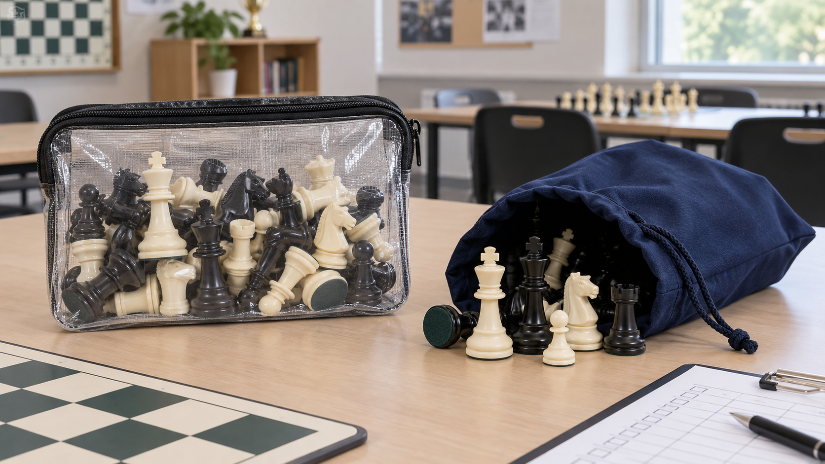 Clear zippered pouch visibly holding black and ivory chess pieces beside an open opaque navy drawstring piece bag on a club table