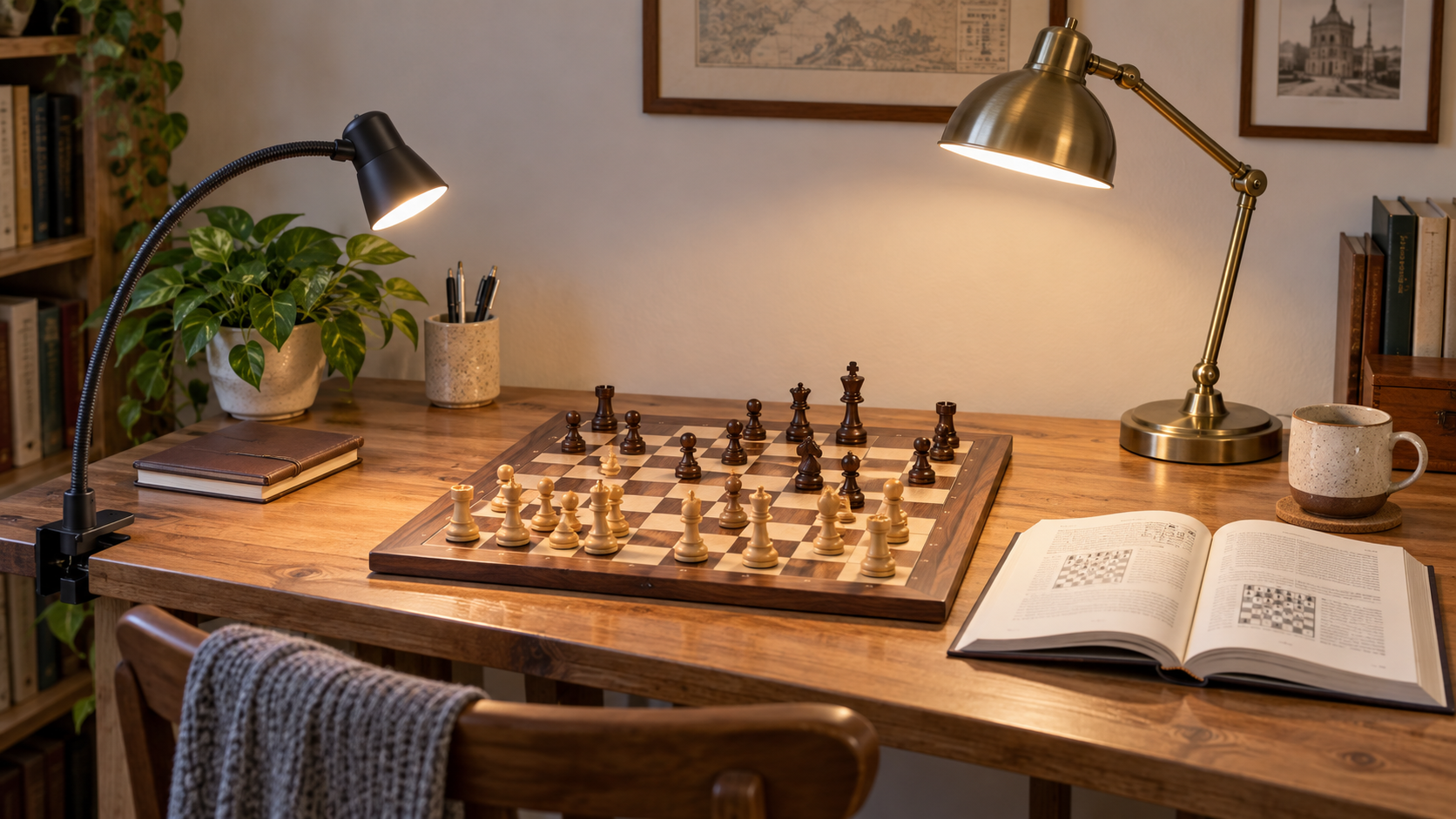 A clamp-mounted task light and a freestanding desk lamp illuminating a chessboard and open study book on a compact wooden desk