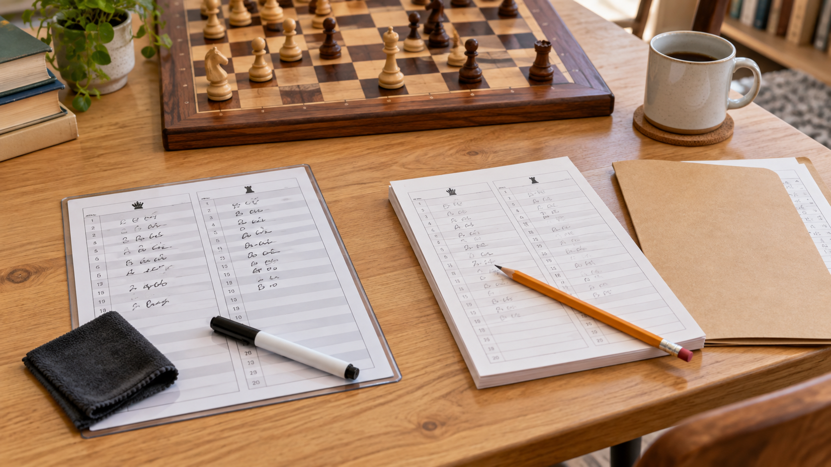 Reusable dry-erase chess score sheet with a black marker and wiping cloth beside a stack of paper chess score sheets, pencil, folder, and chessboard