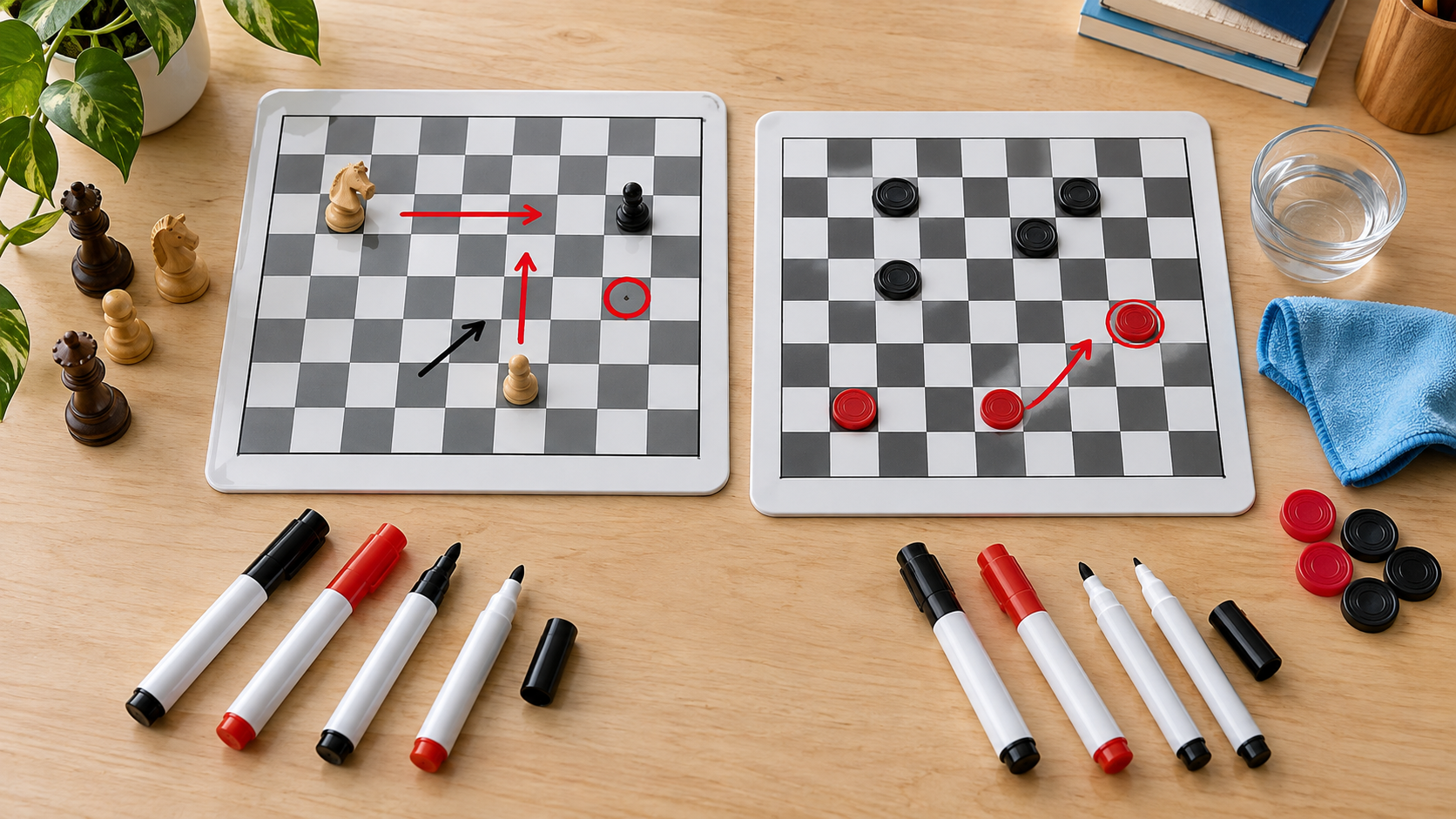 Dry-erase and wet-erase marker groups beside reusable chess and checkers teaching boards, a damp cloth, and a small water cup