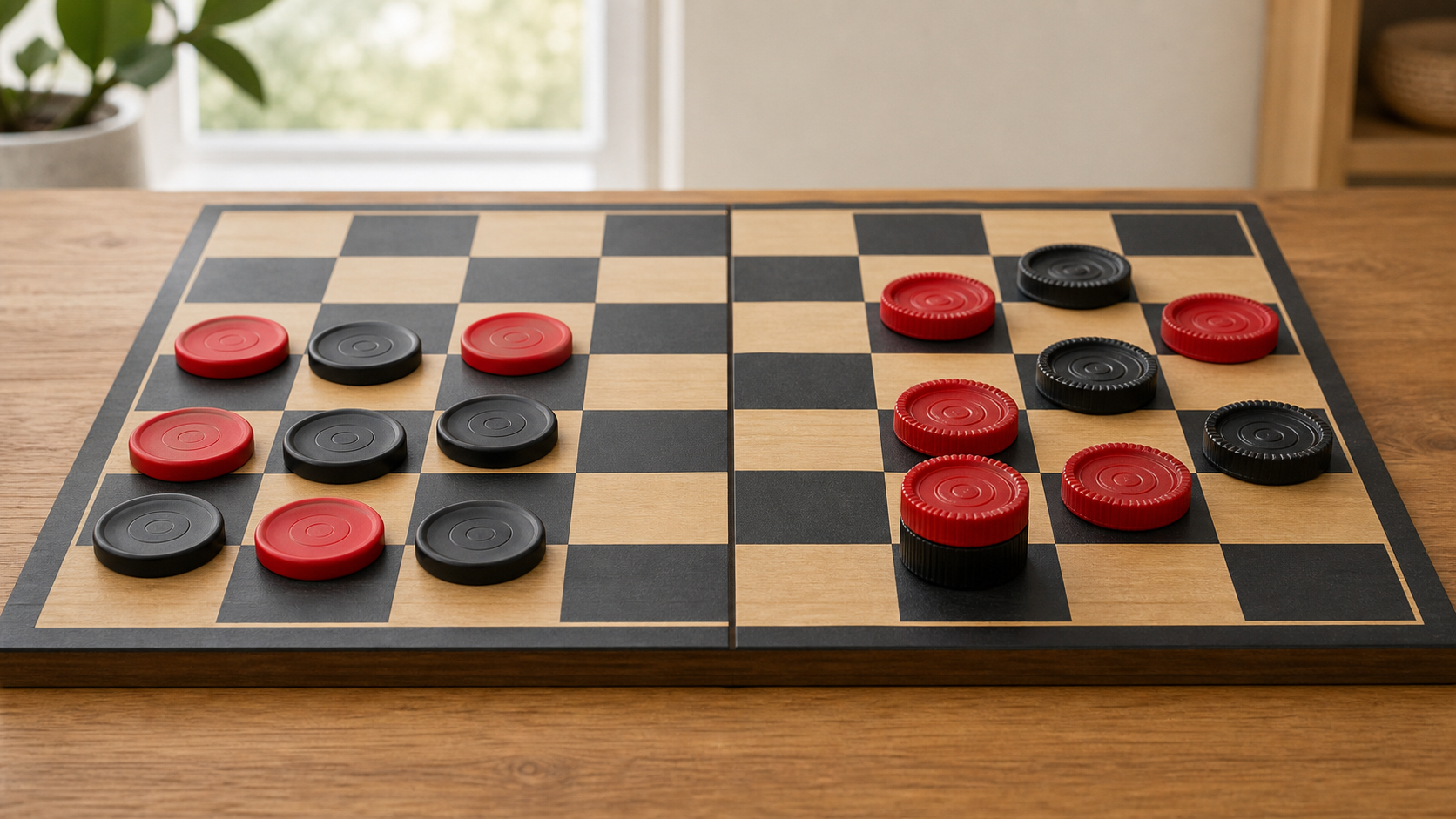 Flat red and black checkers compared beside ridged stackable pieces and a stable two-piece king on a checkers board