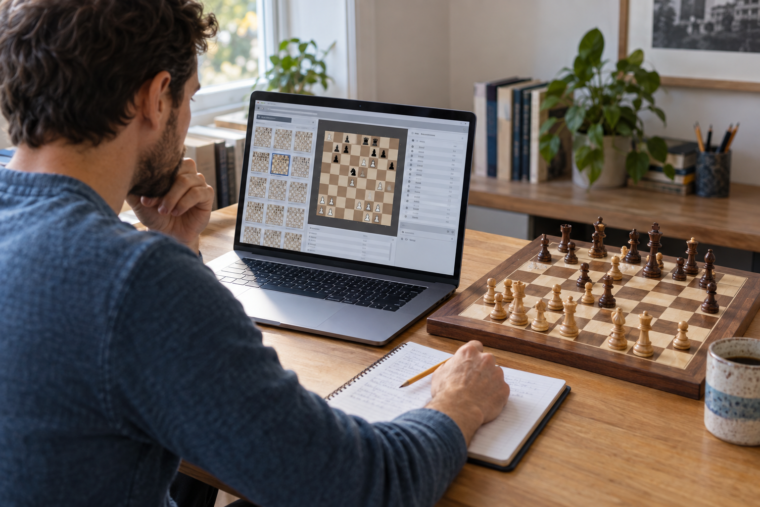Casual chess player comparing a searchable game archive on a laptop with a position set up on a wooden board