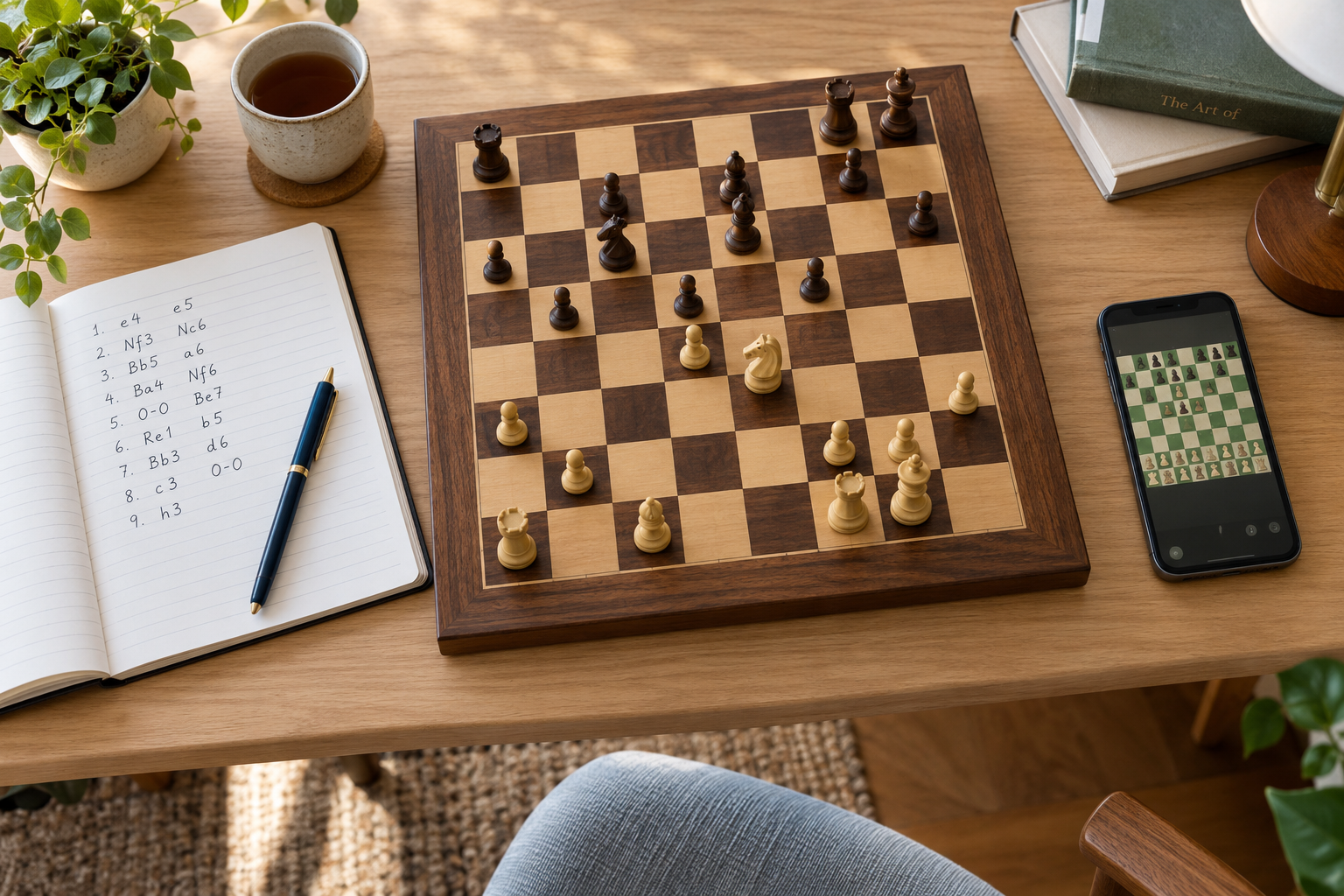 Wooden chessboard beside a notebook of moves and a phone, showing the record keeping and return-to-the-position routine of correspondence chess