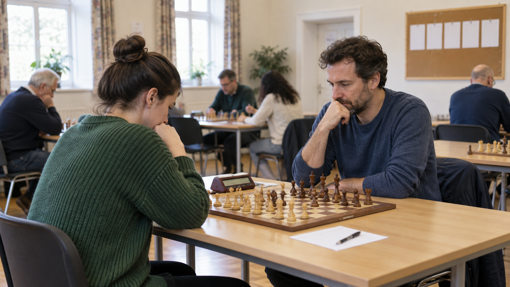Two adult players considering a position with a chess clock at a small community tournament while other games continue nearby