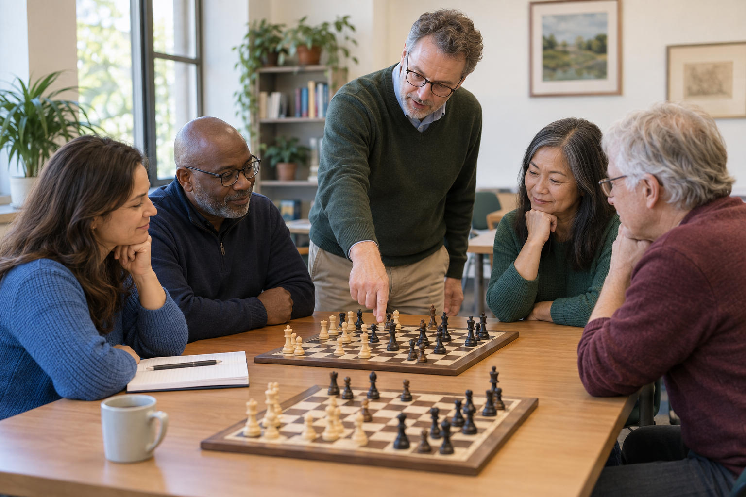 Four adult beginners learning together from an instructor around two chessboards in a community classroom
