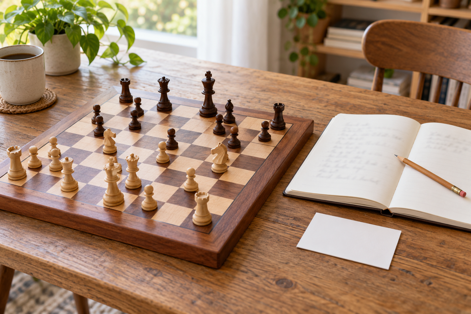 Wooden chessboard beside an open notebook and pencil, showing the simple board-and-notes setup used to practise recording chess moves