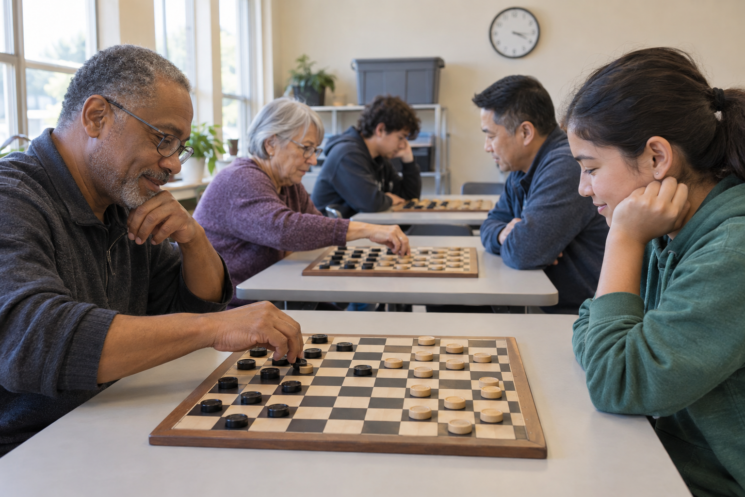 Beginners playing checkers on several boards at tables in a bright community club room