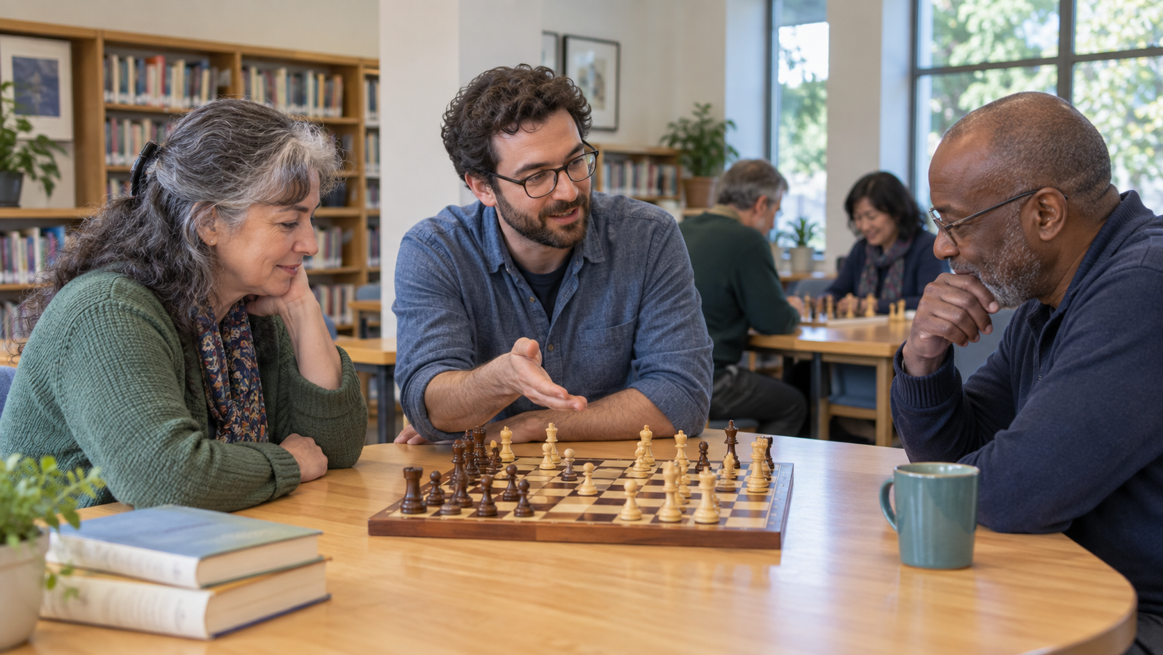 Three adult beginners discussing a chess position during a welcoming library club session