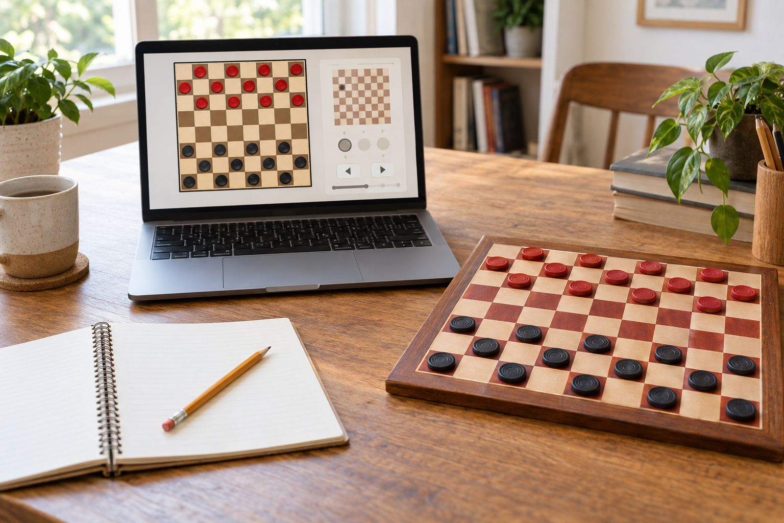 A laptop showing an unbranded checkers lesson beside a physical red-and-cream checkerboard and blank practice notebook