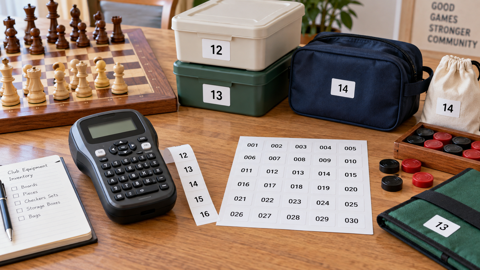 Handheld label maker and sheets of sequential number labels beside numbered chess boxes, a checker-piece tray, and club equipment bags