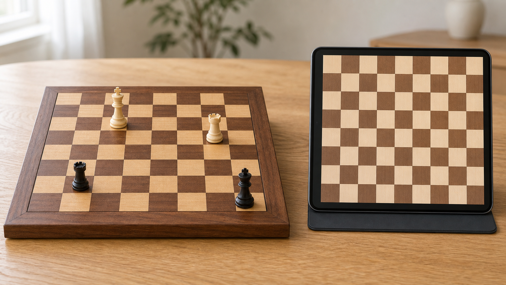 Physical wooden chess board with a simple four-piece exercise beside a tablet showing an empty digital chess board