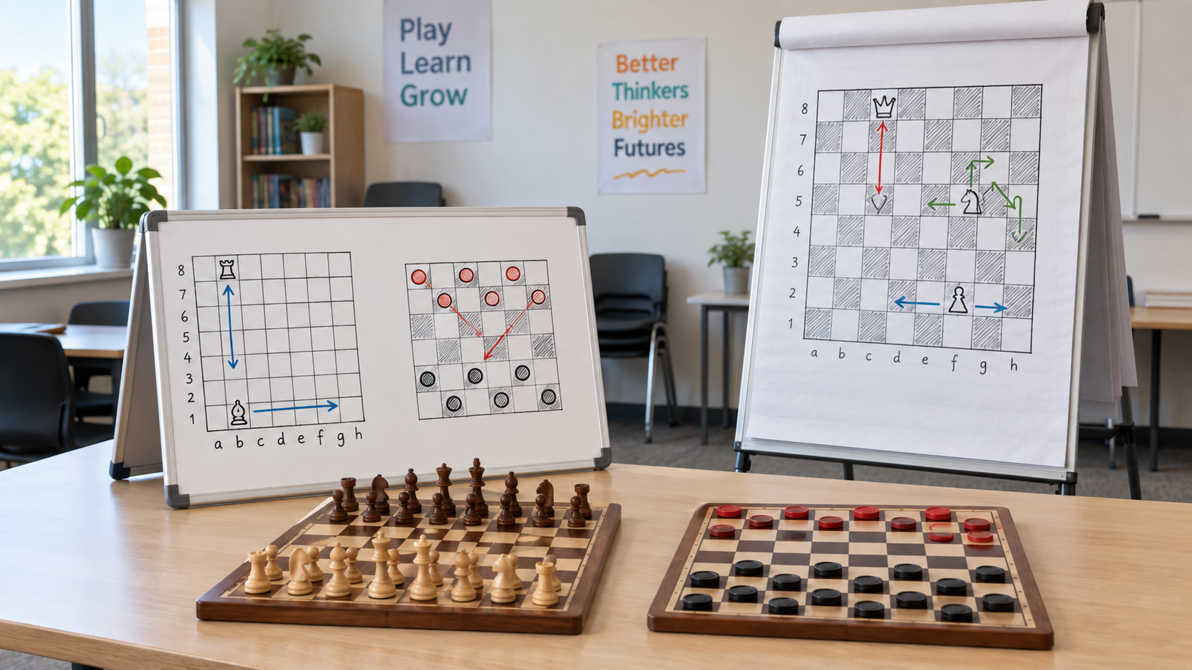 Portable tabletop dry-erase whiteboard and freestanding paper flip chart beside real chess and checkers boards in a bright classroom