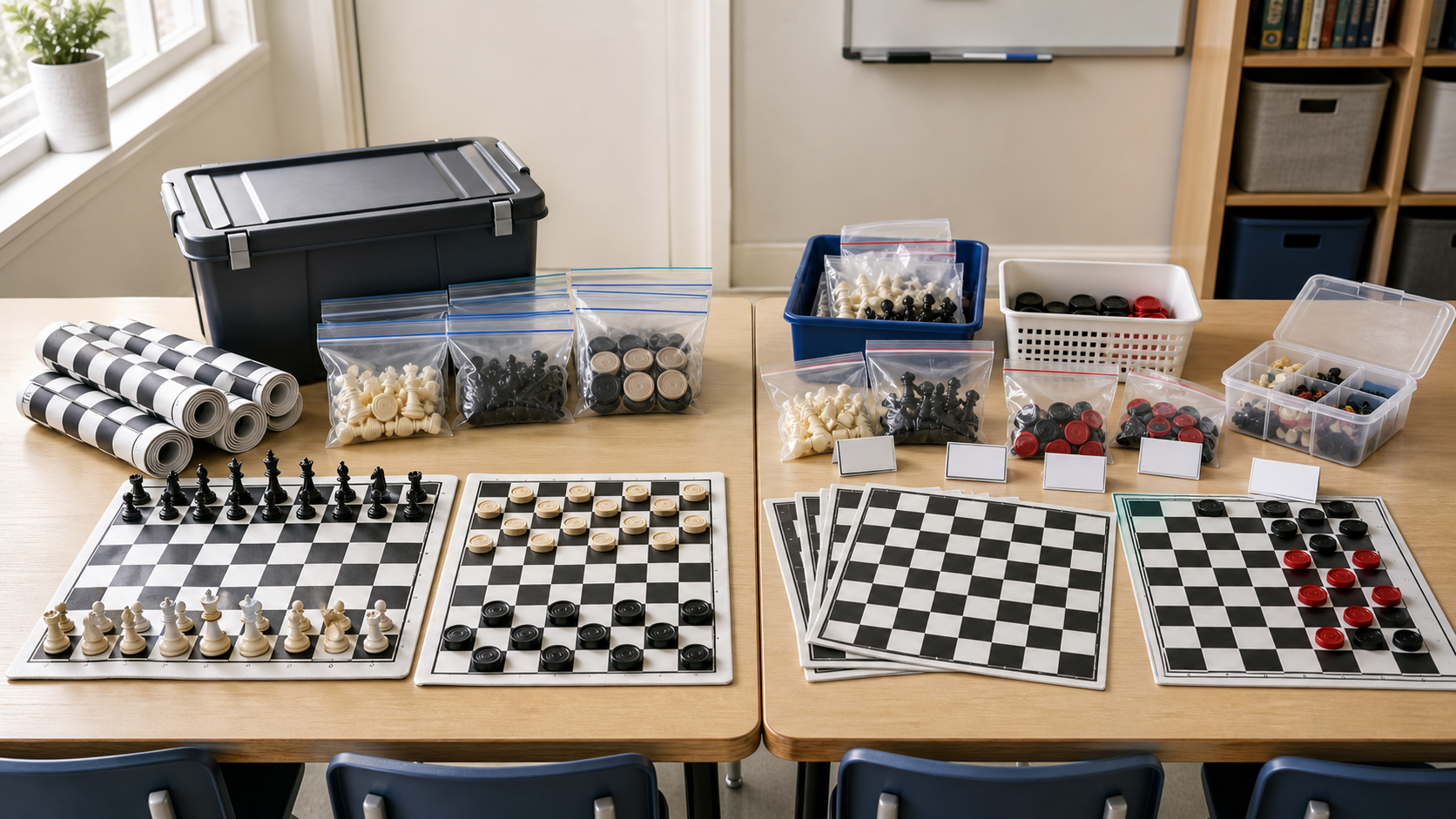Prebuilt classroom chess and checkers kit beside a DIY setup with separate boards, labeled bags, bins, and spare pieces