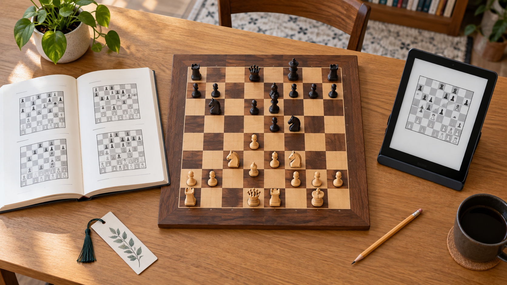 Printed chess lesson book and unbranded e-reader displaying chess diagrams beside a physical chessboard