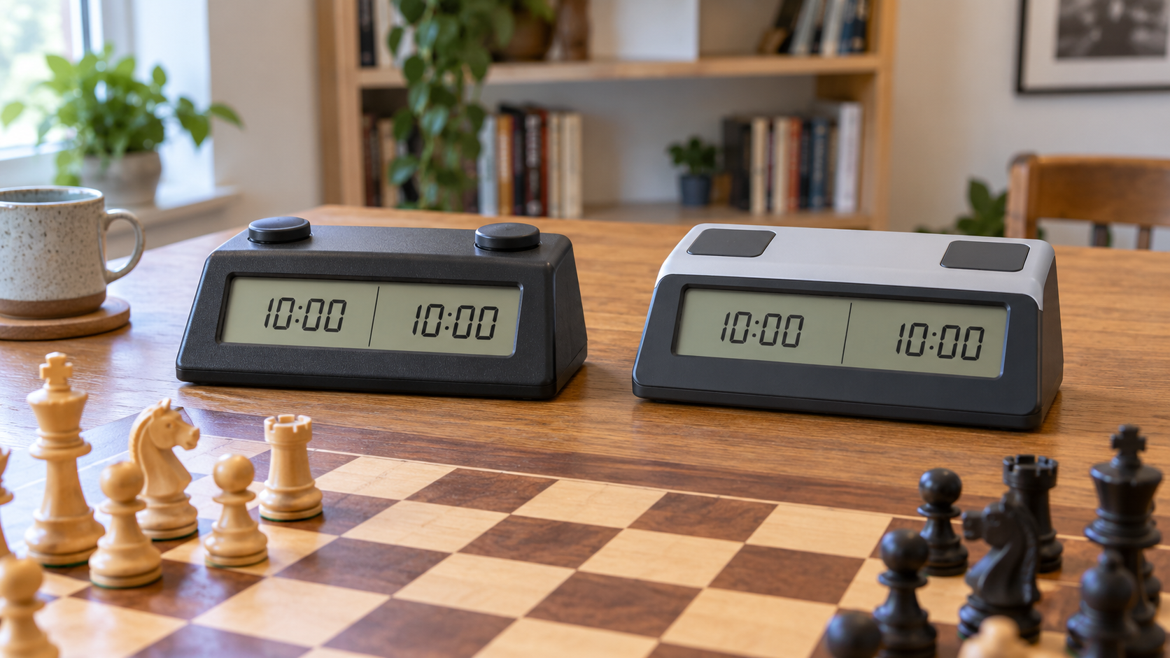 Two unbranded digital chess clocks beside a wooden chessboard, one with raised push-buttons and one with flat touch-sensor pads