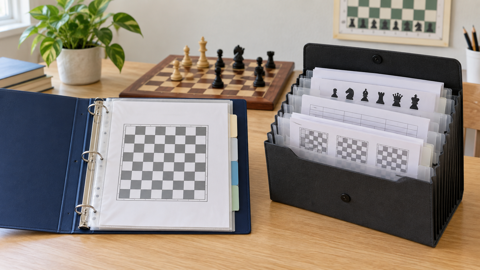 Open navy ring binder with a chessboard worksheet beside a black expanding accordion file holding sorted chess lesson sheets