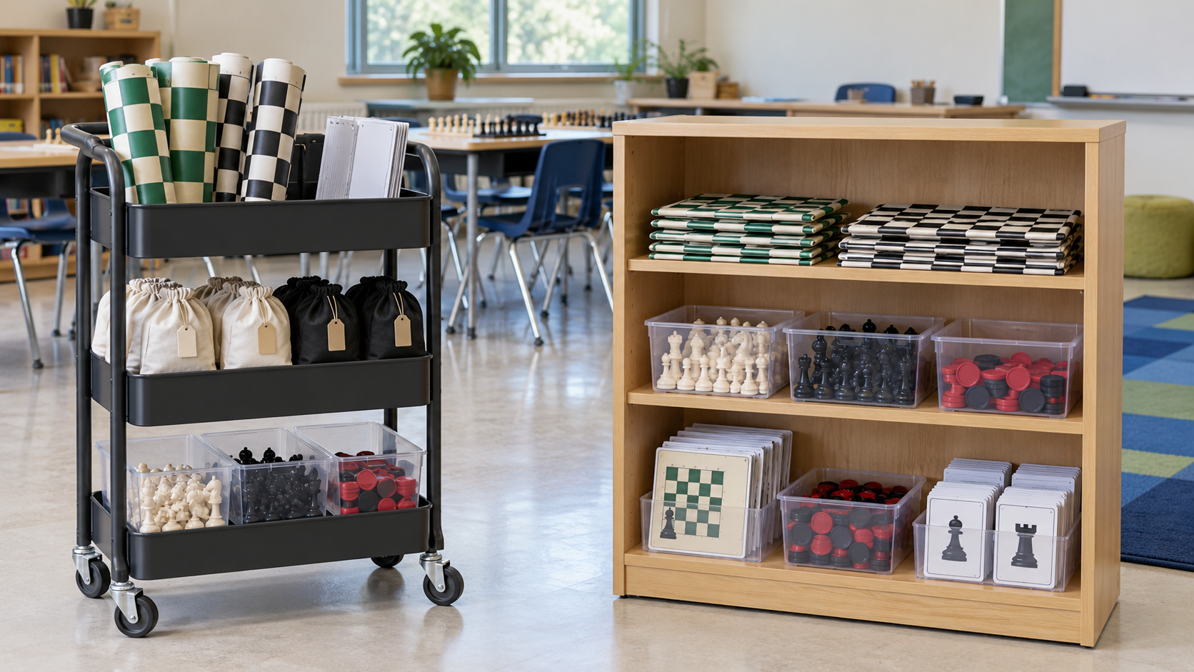Three-tier rolling cart beside a fixed open cabinet, both organized with boards, chess pieces, checkers, and lesson materials for a classroom
