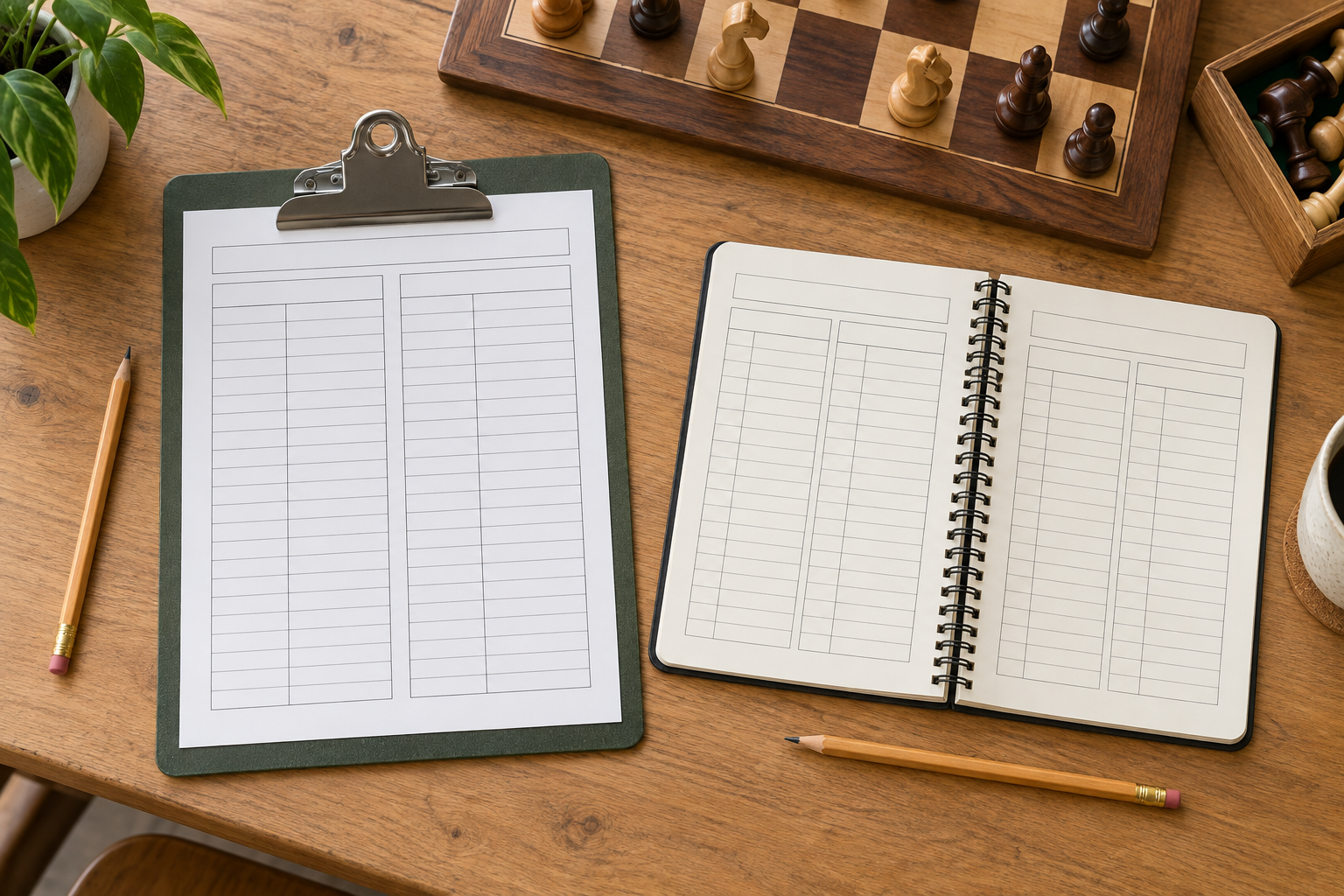 Blank chess score sheet on a low-profile clipboard beside an open spiral-bound scorebook, pencils, and a wooden chessboard for comparing club record formats
