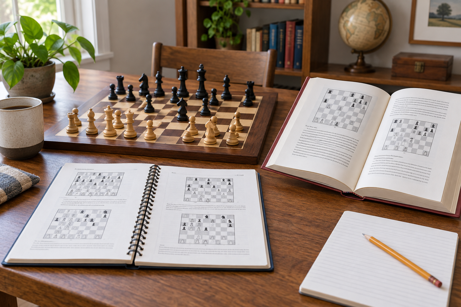 Open spiral-bound and hardcover chess instruction books beside a wooden chessboard for comparing board-study formats