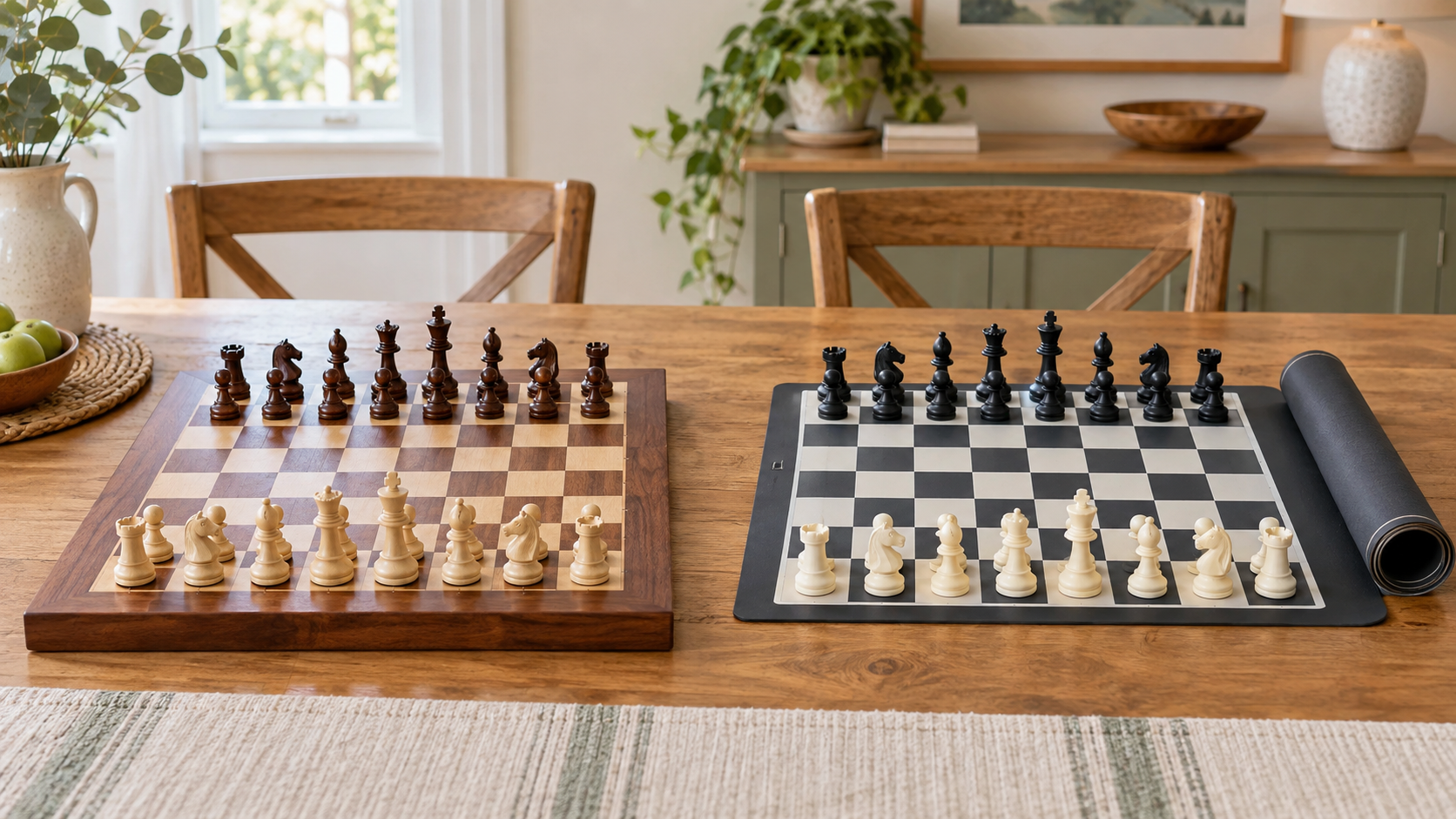 A rigid wooden chess board and flexible silicone chess board set up side by side on a family dining table